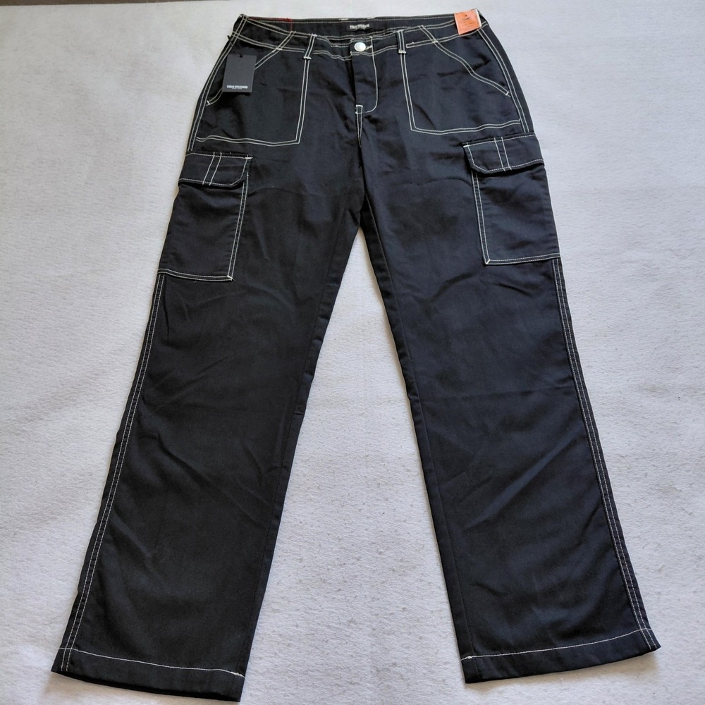 True Religion Mens Bobby Baggy Cargo Pants Size 34 Jet Black Contrast Stitch NWT